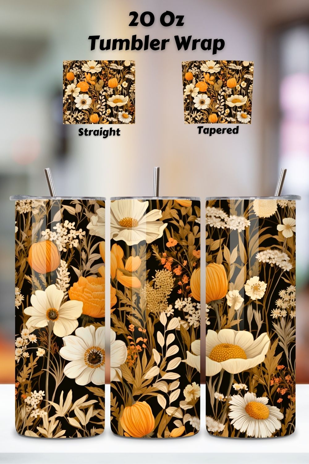 Rustic Wildflower Meadow Tumbler Wrap, Seamless Design PNG pinterest preview image.