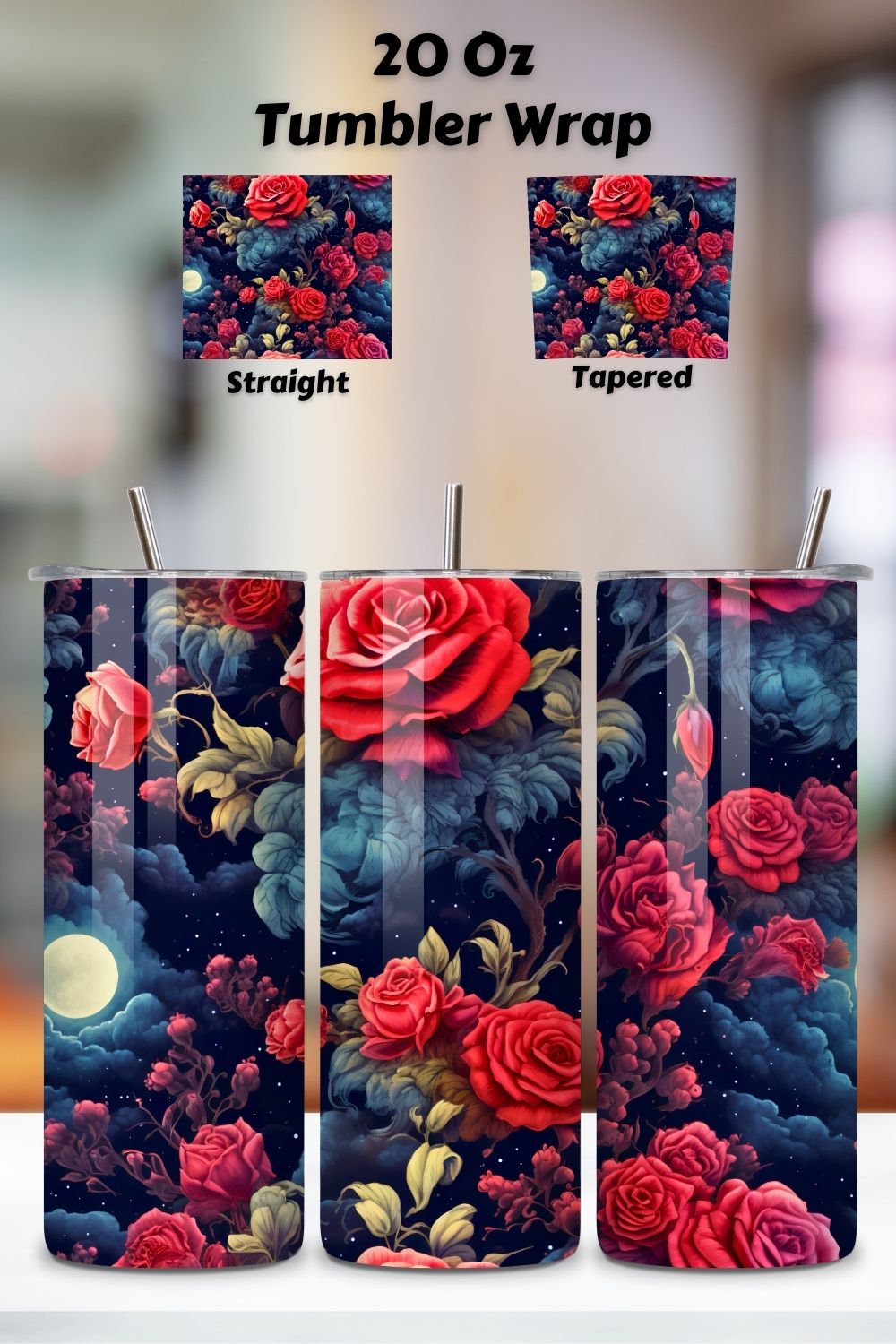 Mystic Moonlight Rose Tumbler Wrap, 3D Seamless Wrap PNG, tumbler sublimation design, tumbler template, skinny tumbler wrap, skinny tumbler sublimation pinterest preview image.