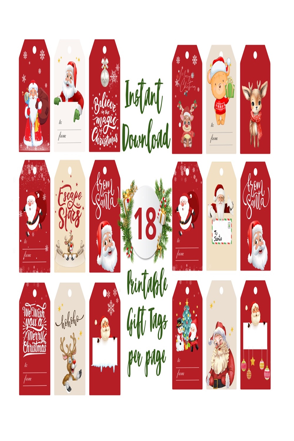 Printable Christmas Gift Tags, Holiday gift tags, DIY gift tags, Holiday gift wrapping, Assorted Christmas gift tags, Set of 18 Printable pinterest preview image.