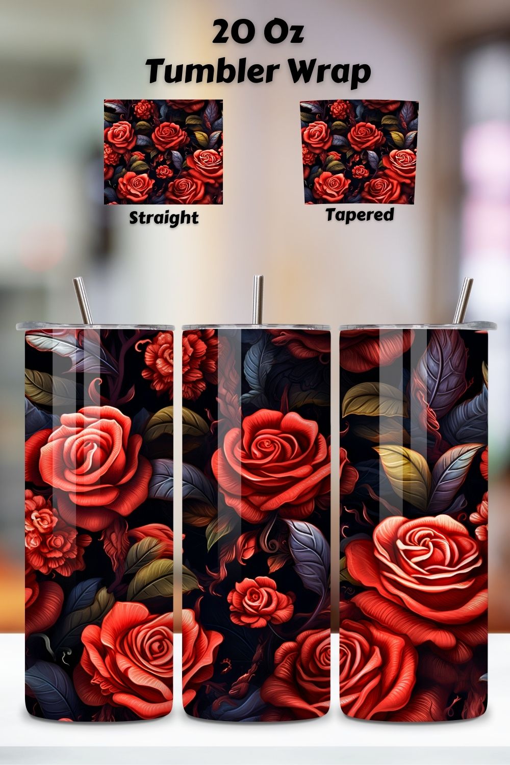 Mystic Moonlit Roses Tumbler Wrap, 3D Seamless PNG, 20 oz skinny tumbler, 20oz skinny tumbler, sublimation design, skinny tumbler pinterest preview image.