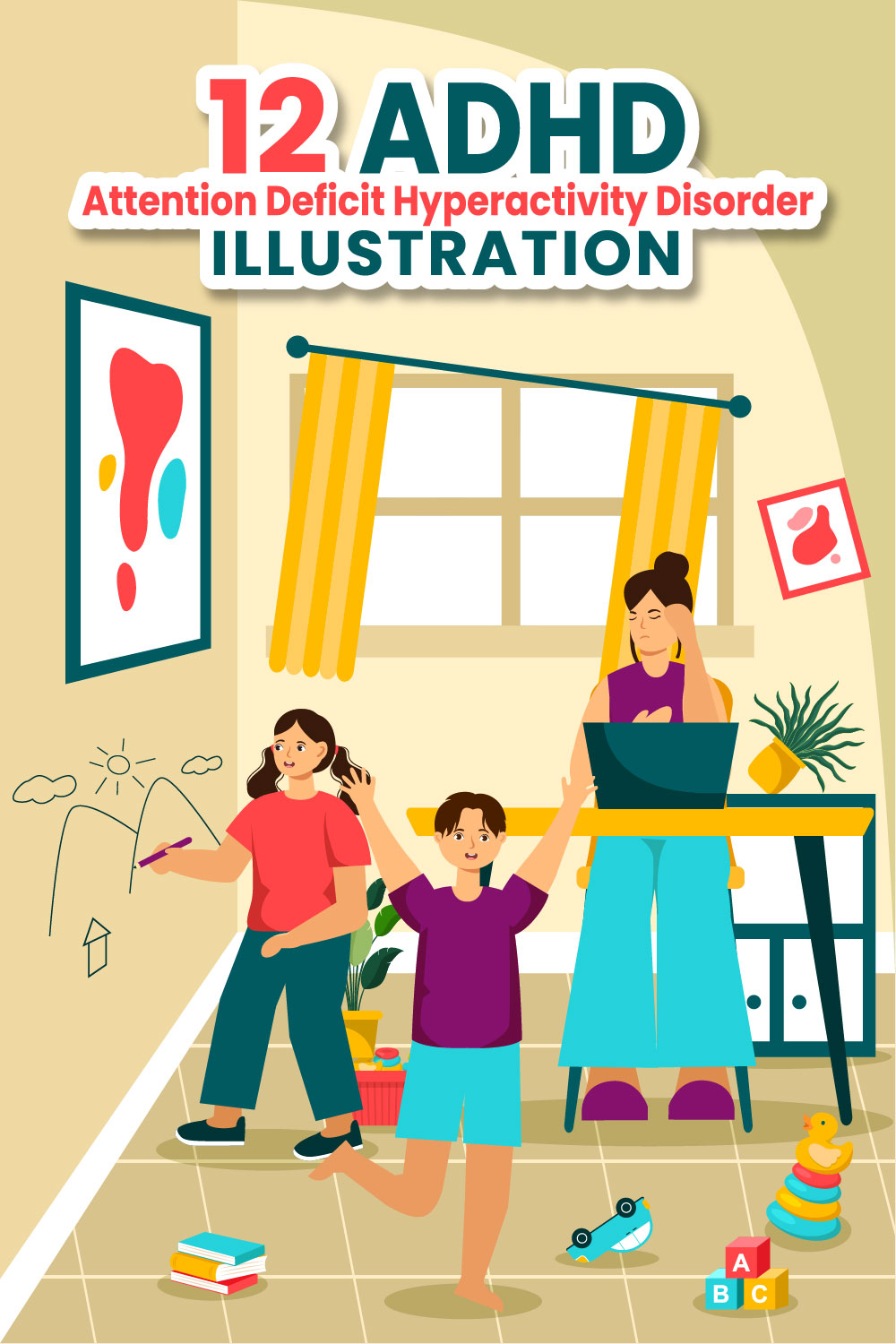 12 ADHD or Attention Deficit Hyperactivity Disorder Illustration pinterest preview image.