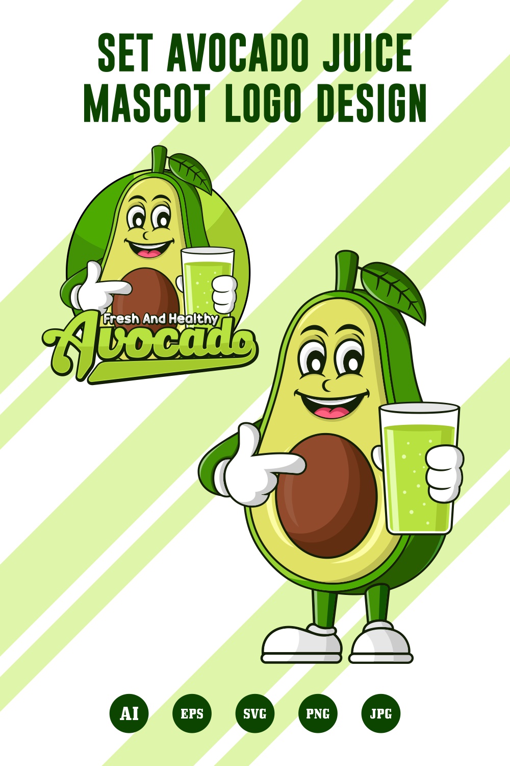 Set Avocado Juice mascot logo design - $6 pinterest preview image.