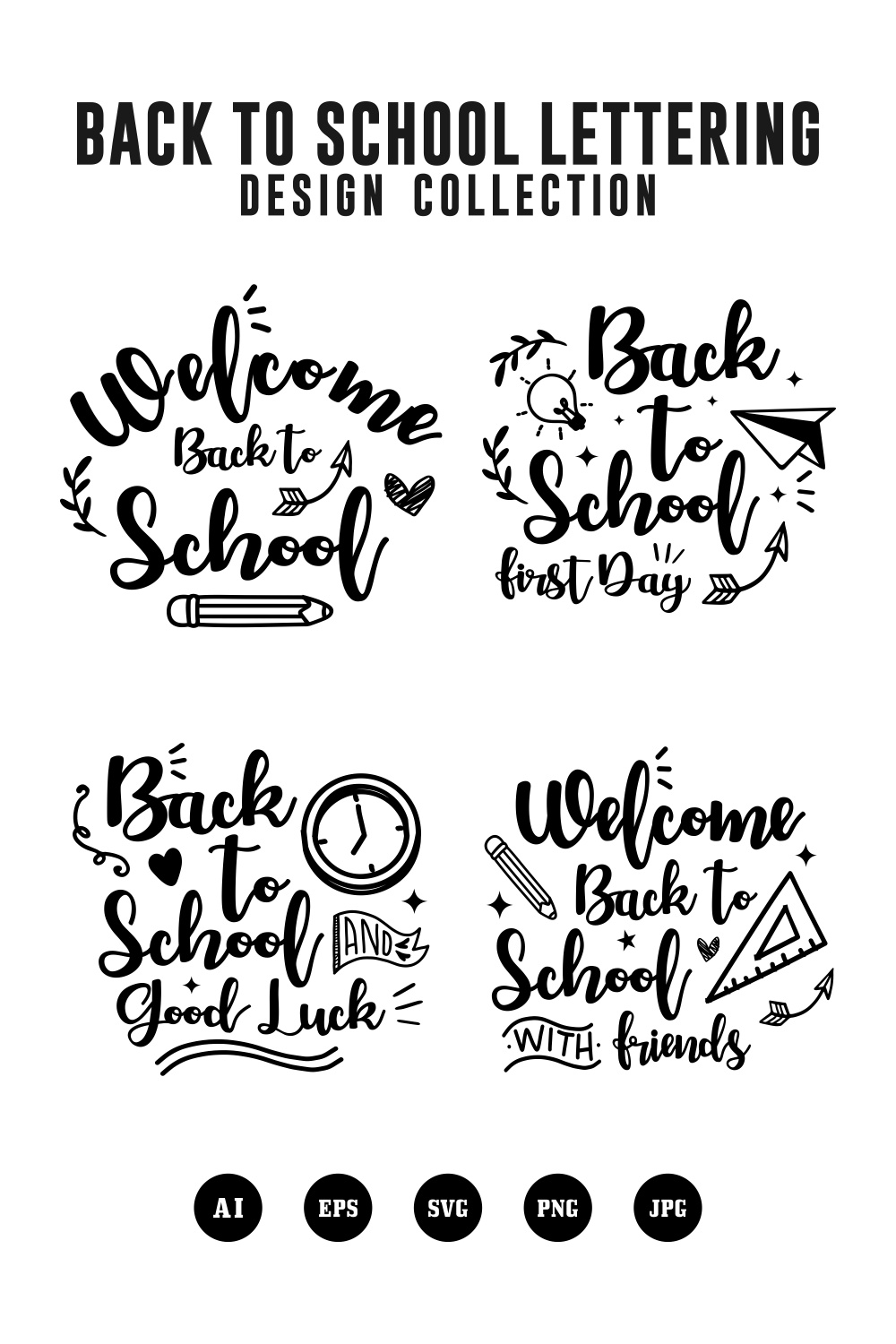 Set Back to school lettering design collection - $6 pinterest preview image.