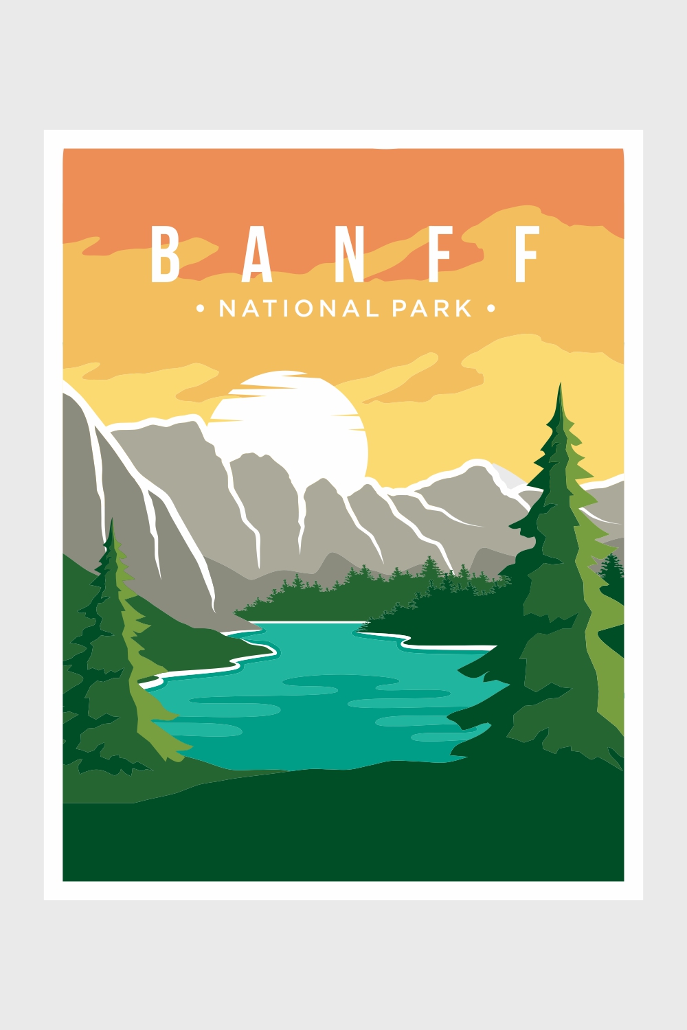 Banff National Park poster vector illustration, beautiful mountains and river landscape poster pinterest preview image.