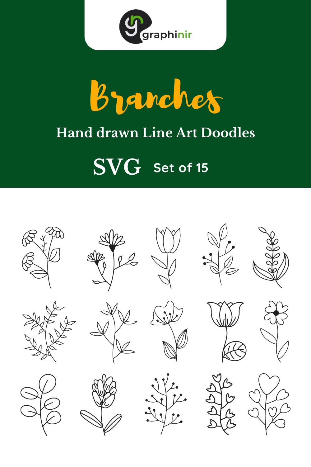 Set of 15 Floral Branch Doodle Line Art For Decorative Background pinterest preview image.