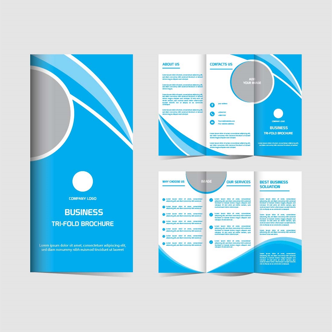 Business tri fold brochure design set template editable and resizable preview image.