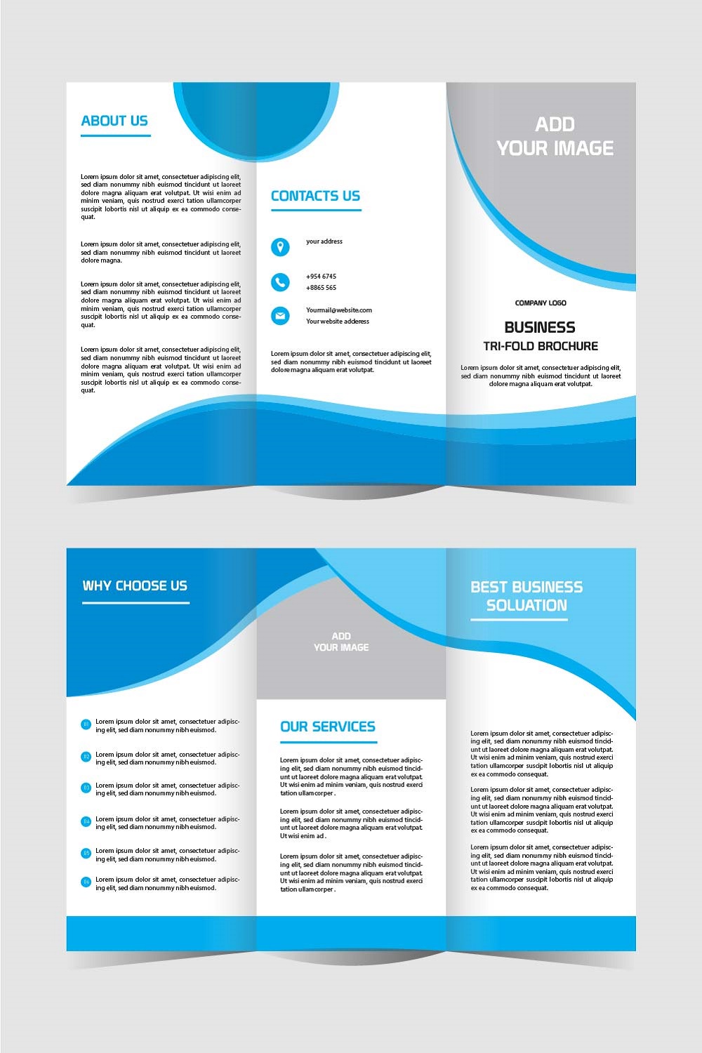 Business tri fold brochure design set template editable and resizable pinterest preview image.