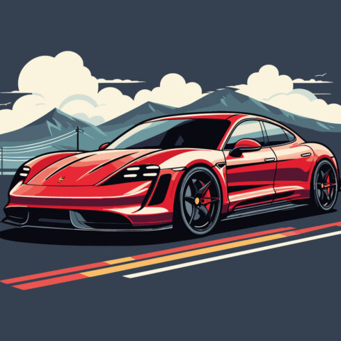 Red vector illustration in vintage style Custom car on the road cover image.