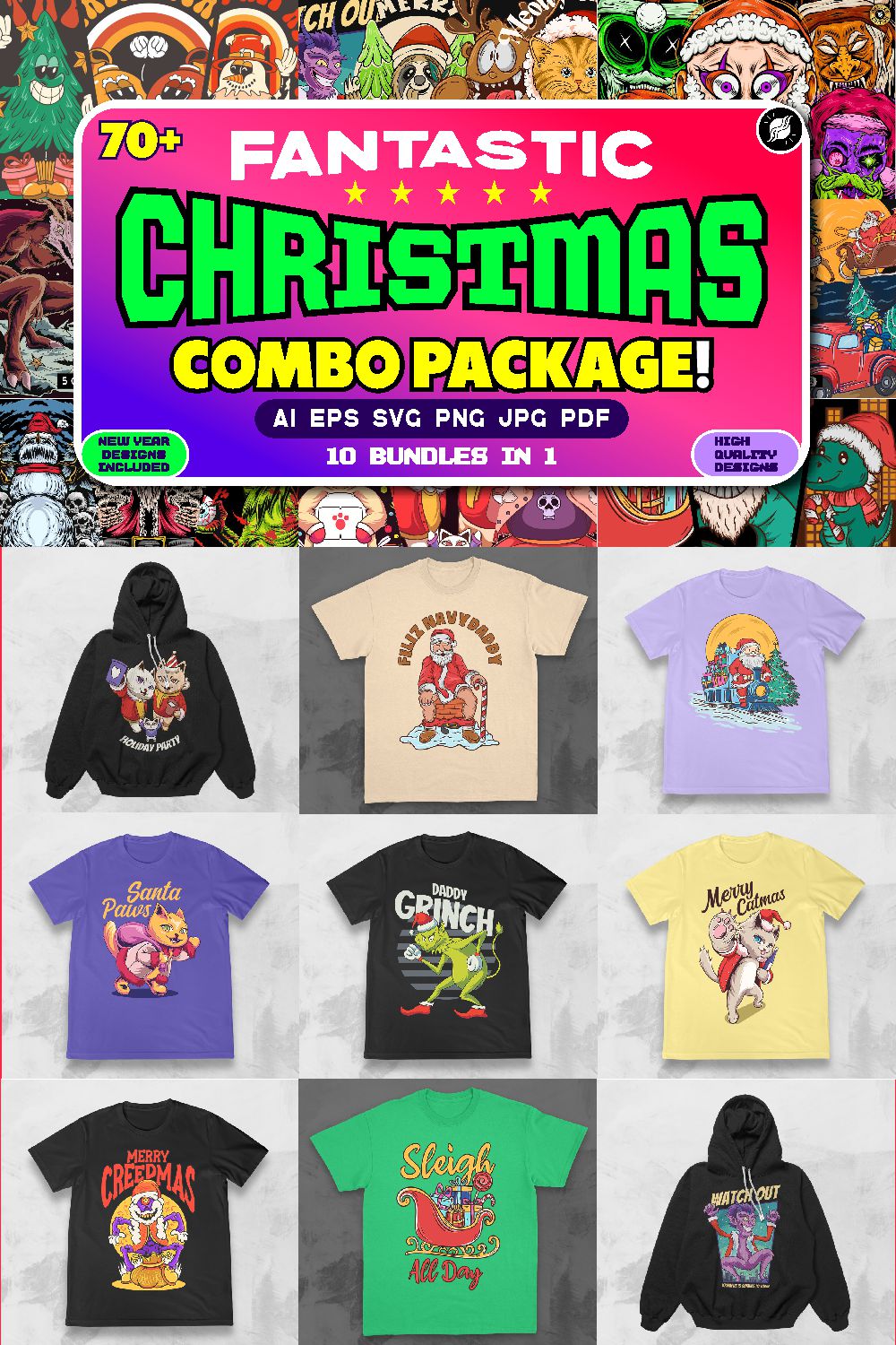 Christmas T-shirt Designs Vector Combo Package pinterest preview image.