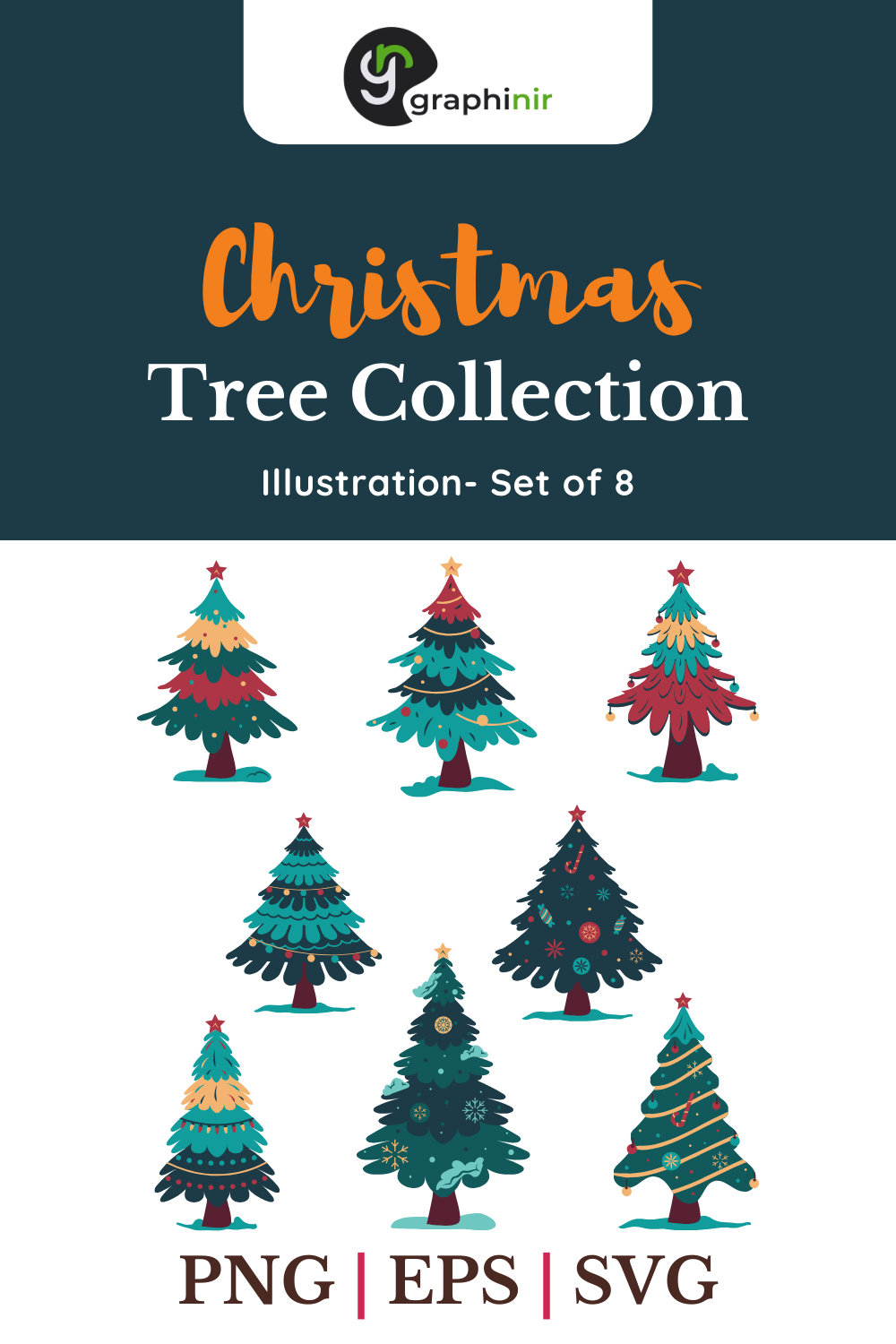 Set of 8 Decorative Hand Drawn Christmas Tree Collection pinterest preview image.