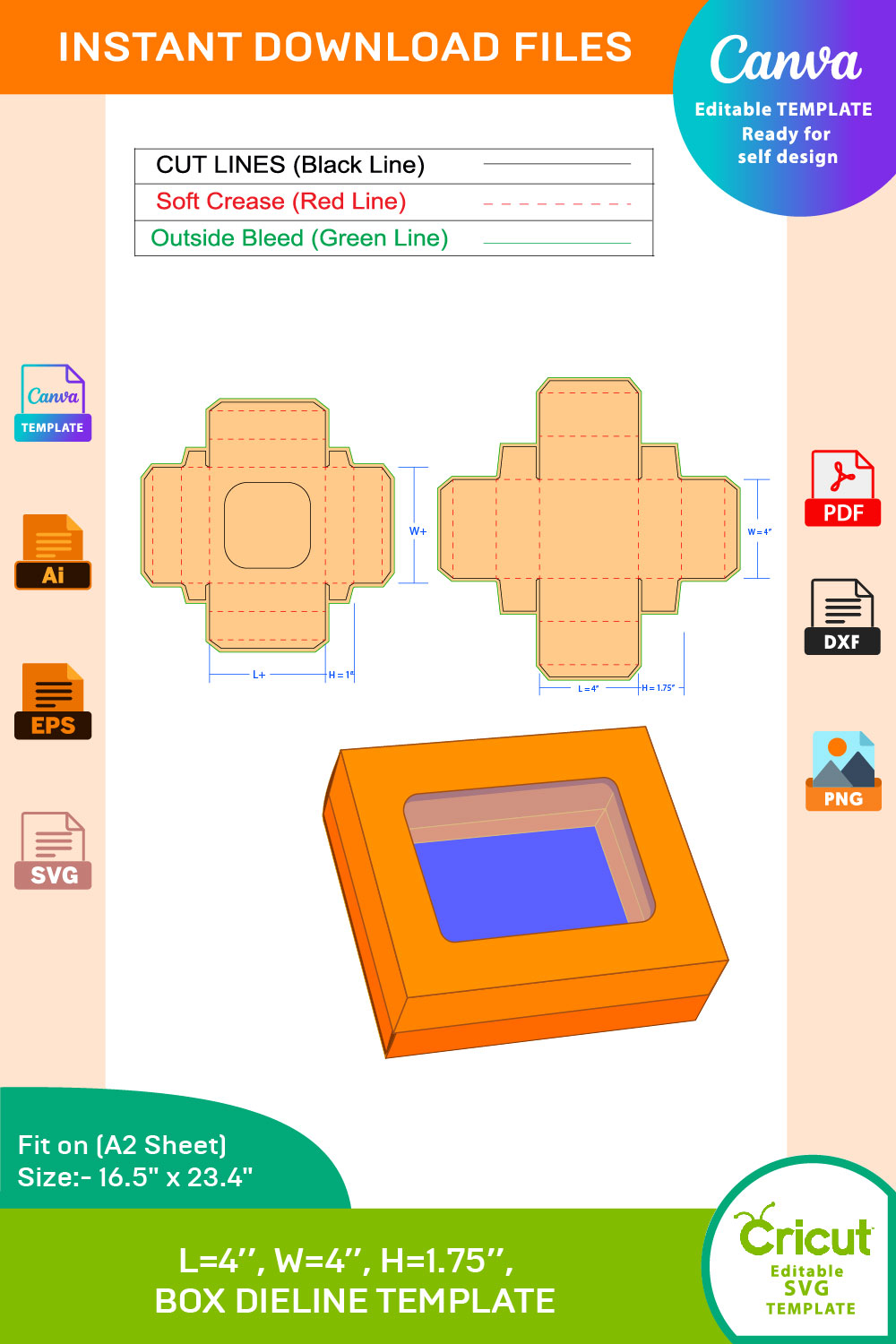 Cookie Box, Dieline Template, SVG, EPS, PDF, DXF, Ai, PNG, JPEG pinterest preview image.