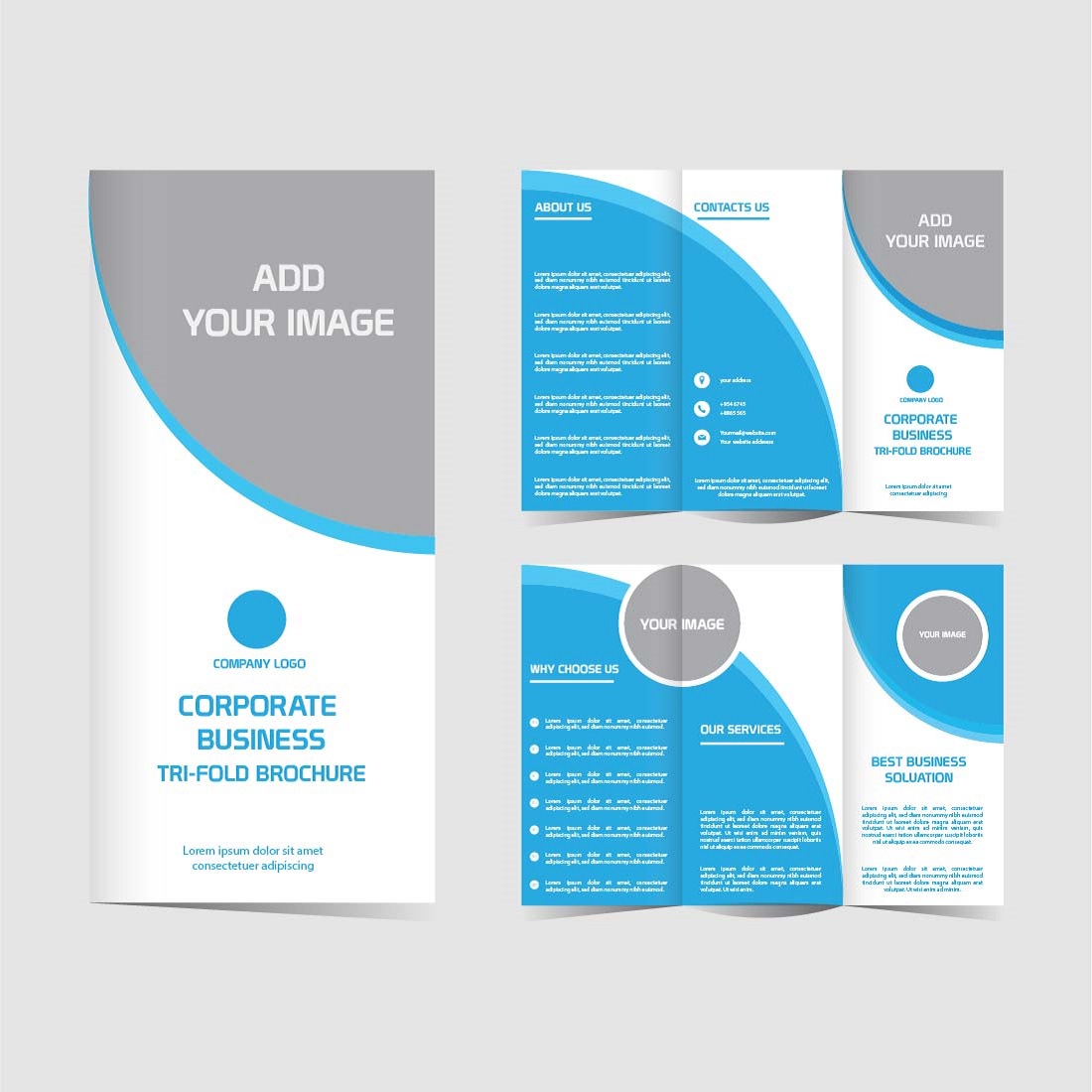 Corporate business trifold brochure design set editable and resizable preview image.