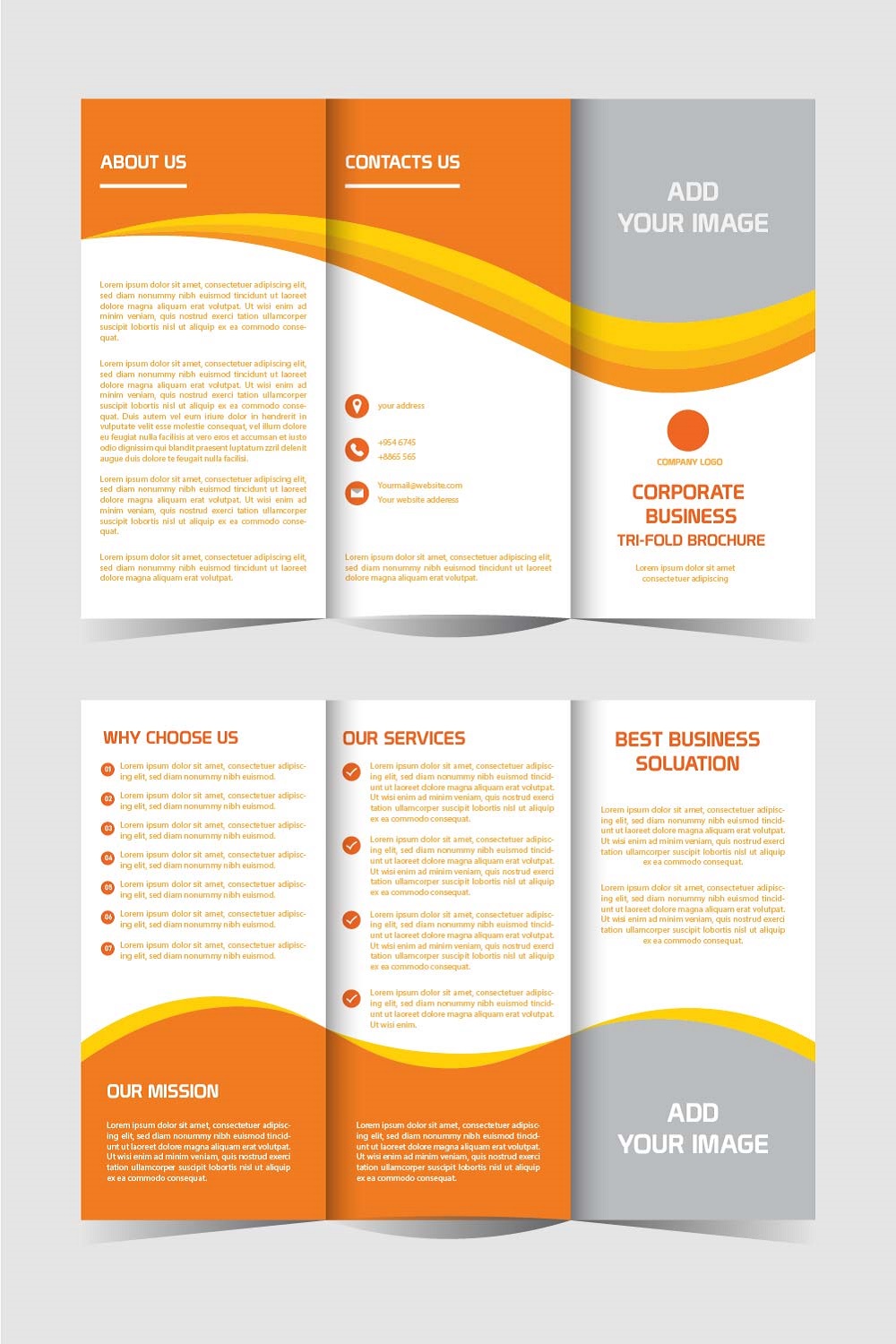 Corporate business trifold brochure design set editable and resizable pinterest preview image.