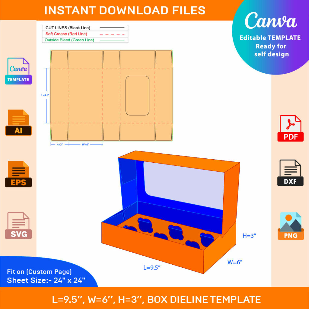 Cupcake Box Window Display 6 Holes Insert Dieline Template Ai, PDF, EPS