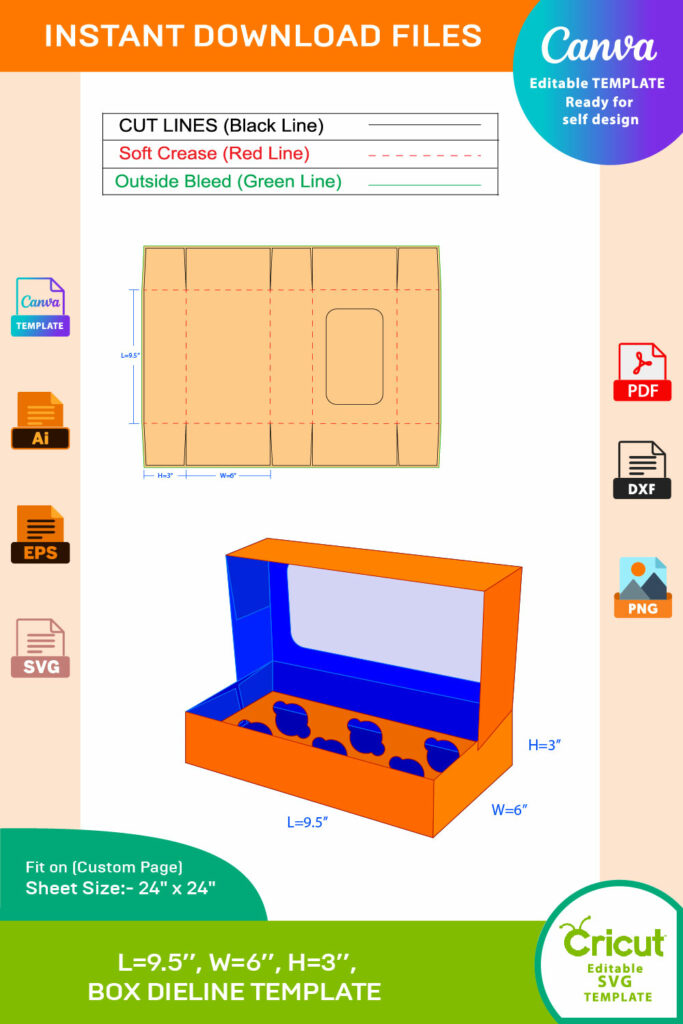 Cupcake Box Window Display 6 Holes Insert Dieline Template Ai, PDF, EPS ...