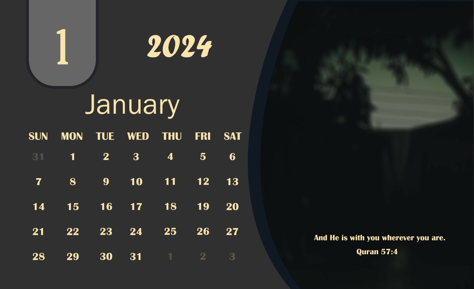 2024 All months Black Desk Calendar With Islamic Quotes MasterBundles