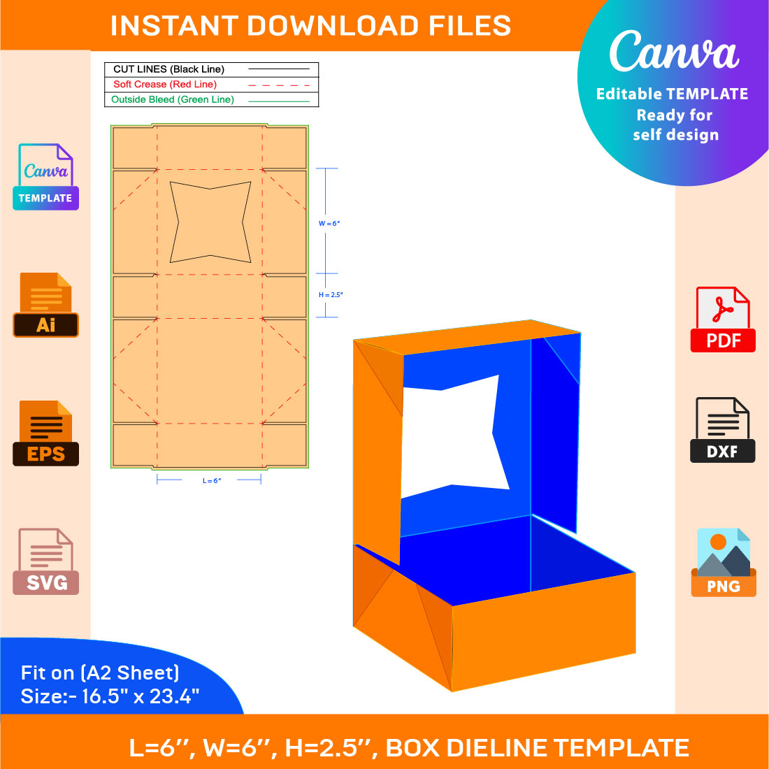 Display Pie Box, Dieline Template, SVG, EPS, PDF, DXF, Ai, PNG, JPEG cover image.
