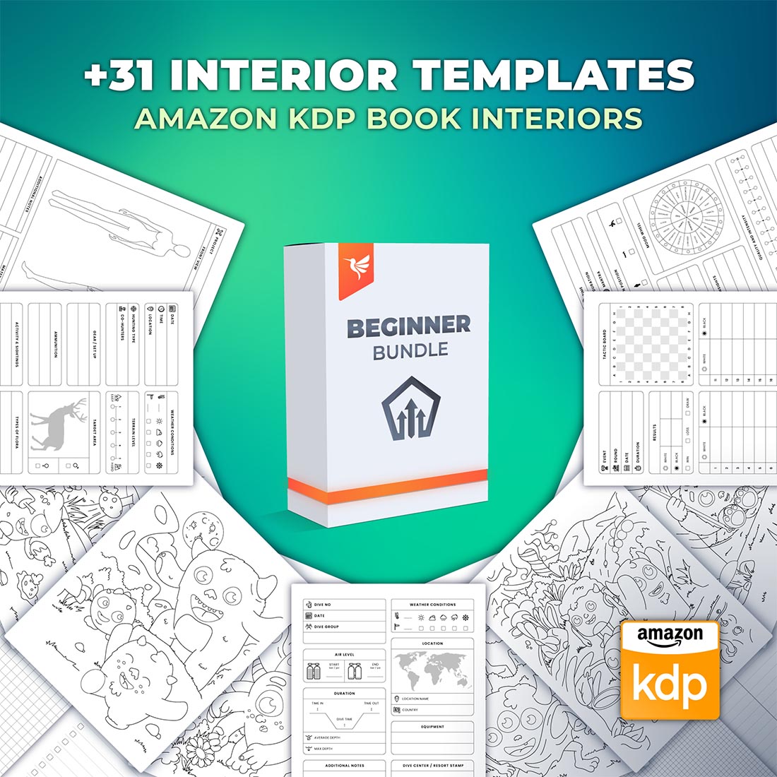 +31 Low Content Book and Coloring Book Interior Templates for Amazon KDP cover image.