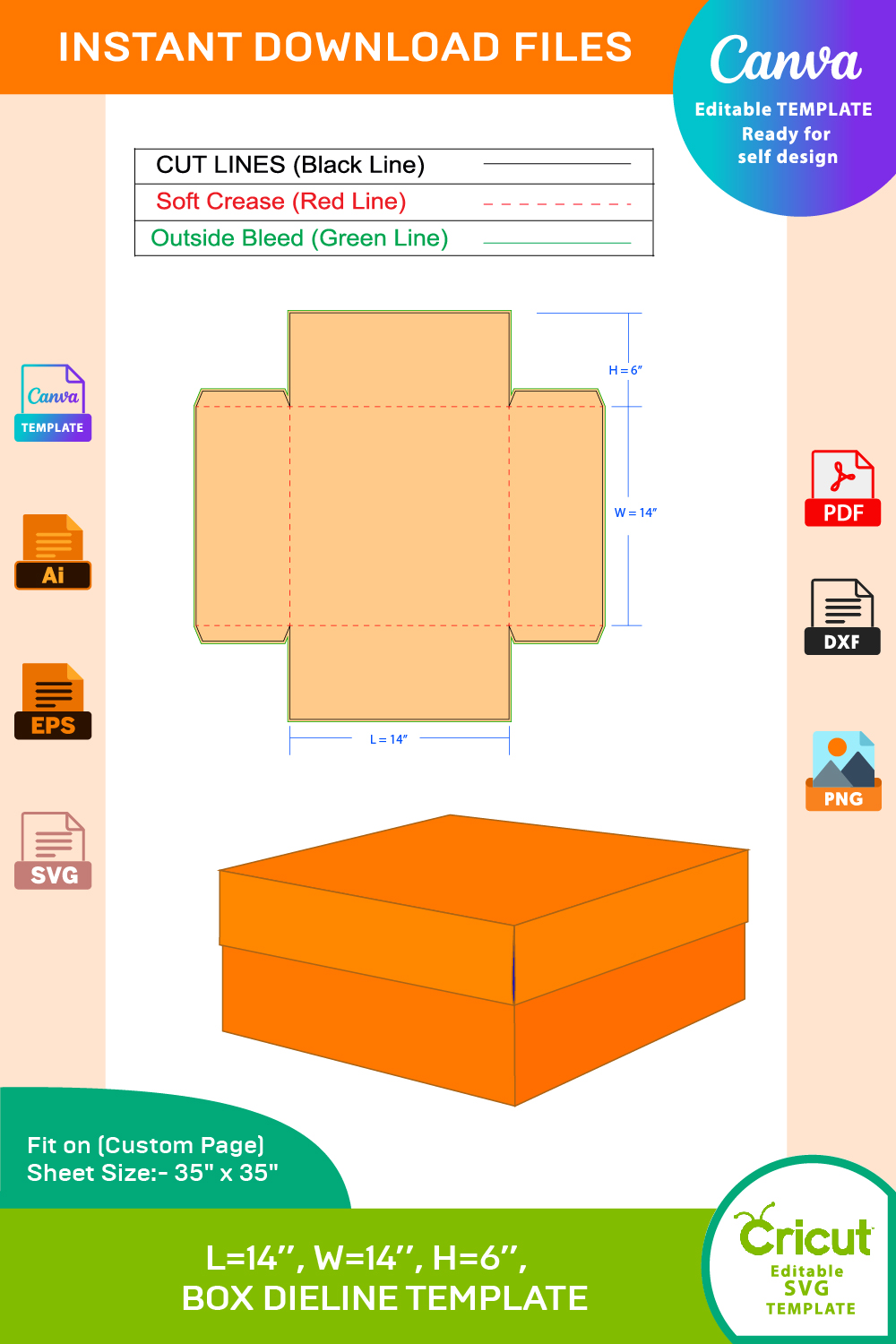 Favor box, Gift box, Dieline Template, SVG, EPS, PDF, DXF, Ai, PNG, JPEG pinterest preview image.