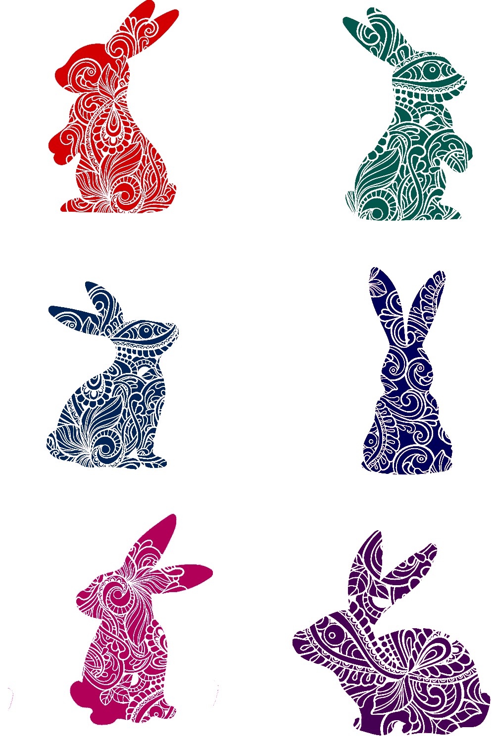 Decorative Bunny Set of 6 Stickers Muliti Colored SVG and PNG Files pinterest preview image.
