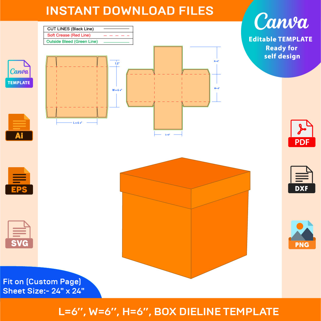 Gift Box, Box With Lid, Dieline Template, SVG, EPS, PDF, DXF, Ai, PNG, JPEG cover image.