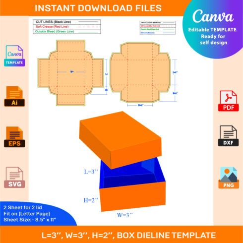 Gift Box Template, Rectangle Box Dieline Template, AI, EPS, DXF, SVG, PDF, JPG, files cover image.