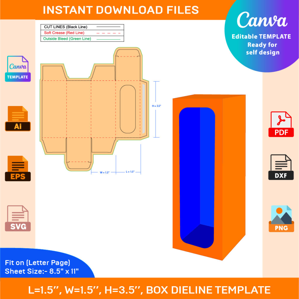 Gift Box With Window Dieline Template, SVG, EPS, PDF, Ai, PNG, JPEG ...