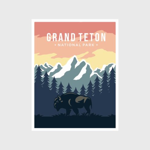 Grand Teton National Park poster vector illustration, beautiful bison and mountain animal view poster cover image.