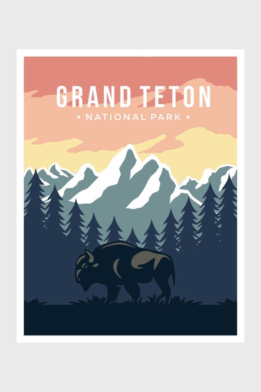 Grand Teton National Park poster vector illustration, beautiful bison and mountain animal view poster pinterest preview image.