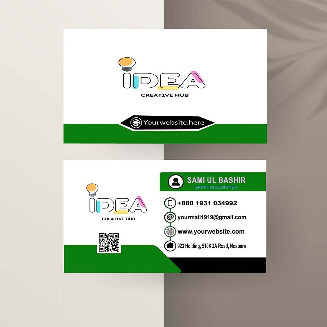 Modern business card template green black colors preview image.