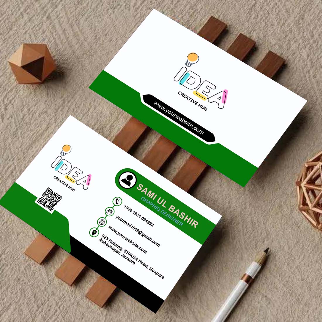 Modern business card template green black colors preview image.