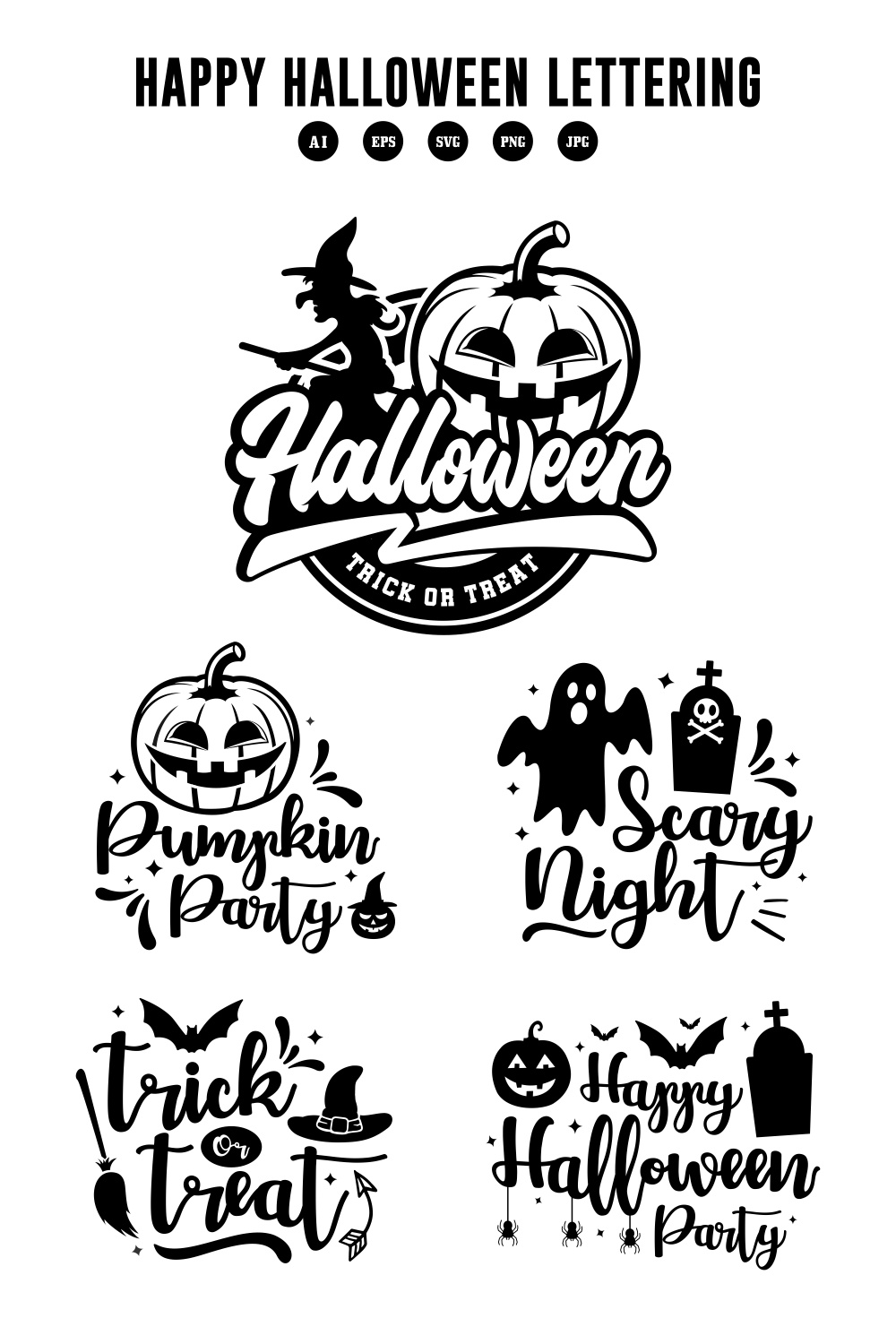 5 Happy halloween lettering design collection - $6 pinterest preview image.