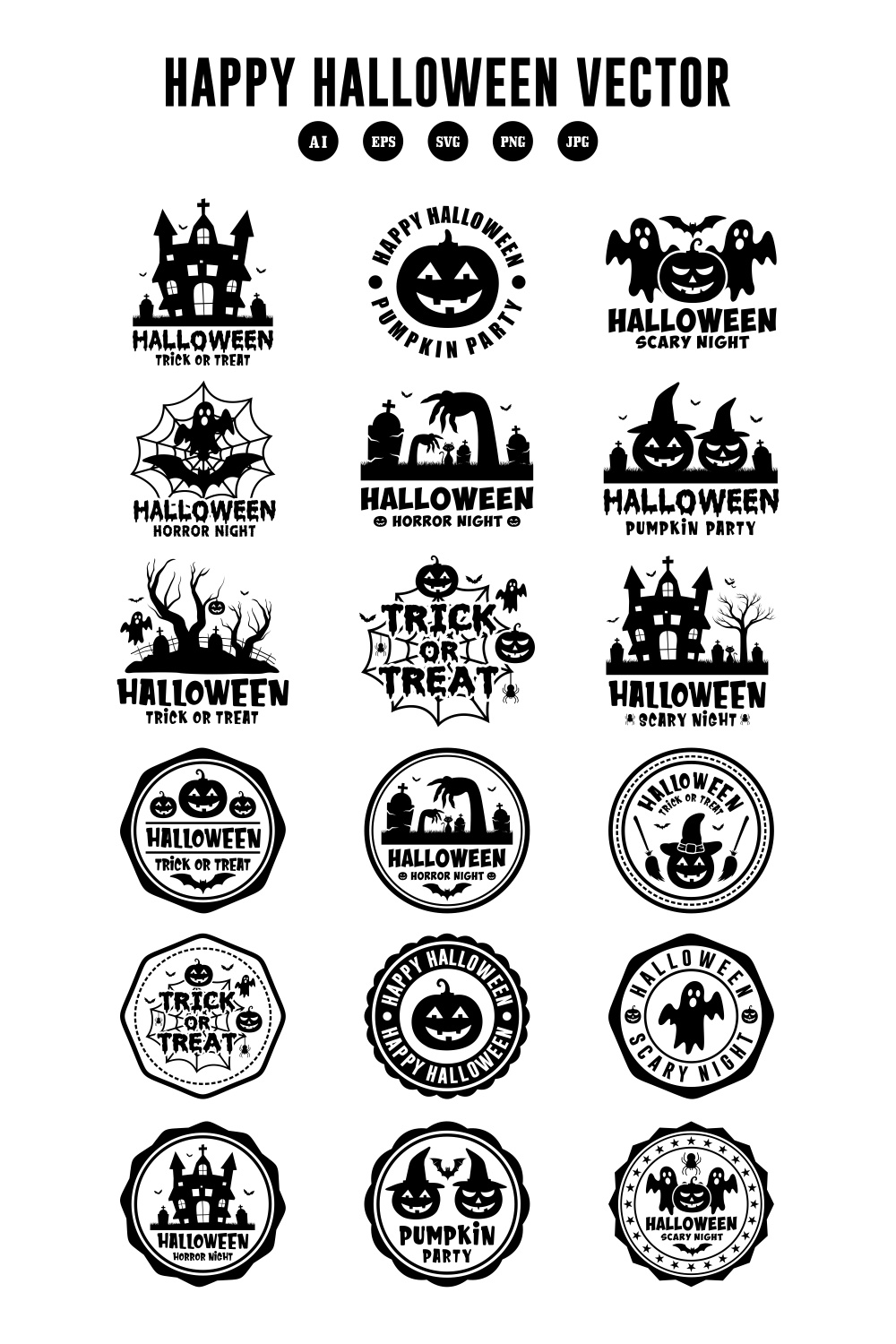 18 Happy Halloween vector silhouette collection - $8 pinterest preview image.