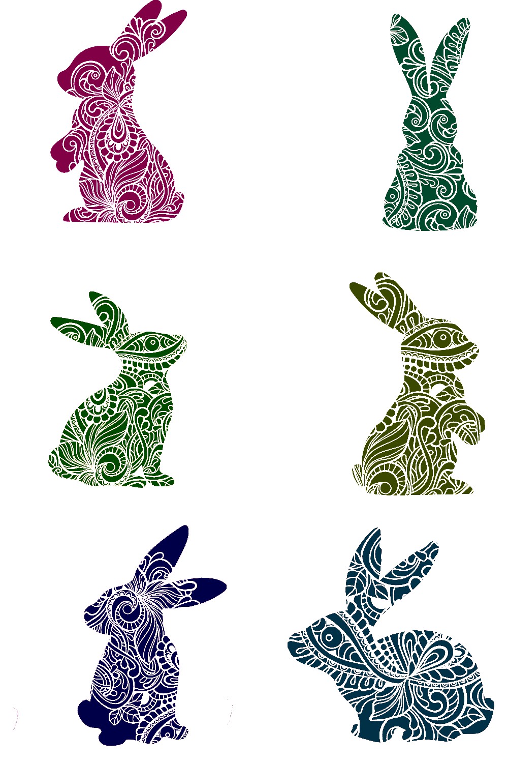 Decorative Bunny Set of 6 Stickers Muliti Colored Jpg, PNG, SVG, DXF, Files pinterest preview image.
