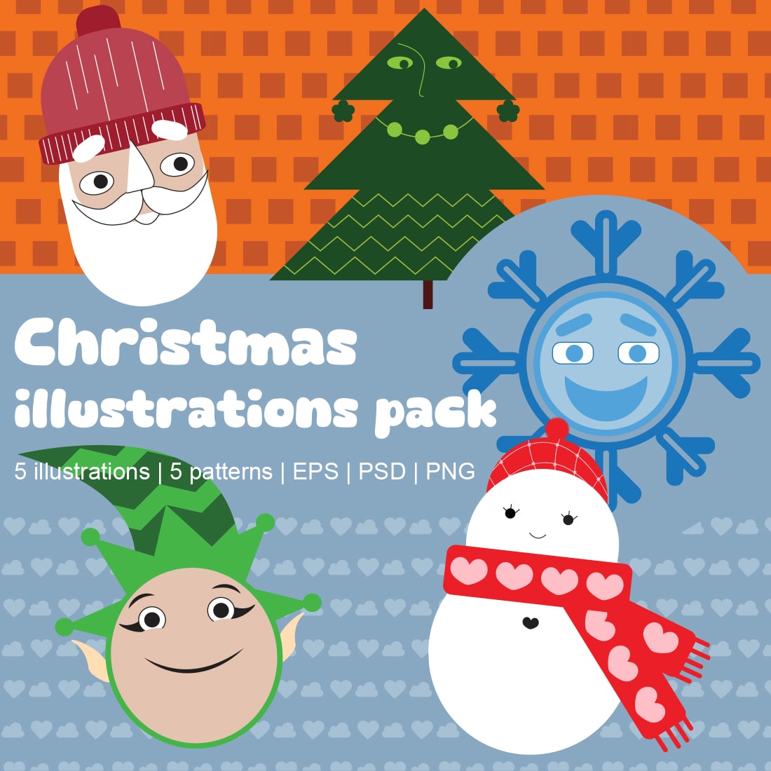 Cute modern style December Christmas characters Santa Claus Christmas Tree Elf, Snowflake, Snowman, colored background patterns Holiday Illustration clip art bundle, Cartoon Illustration cover image.
