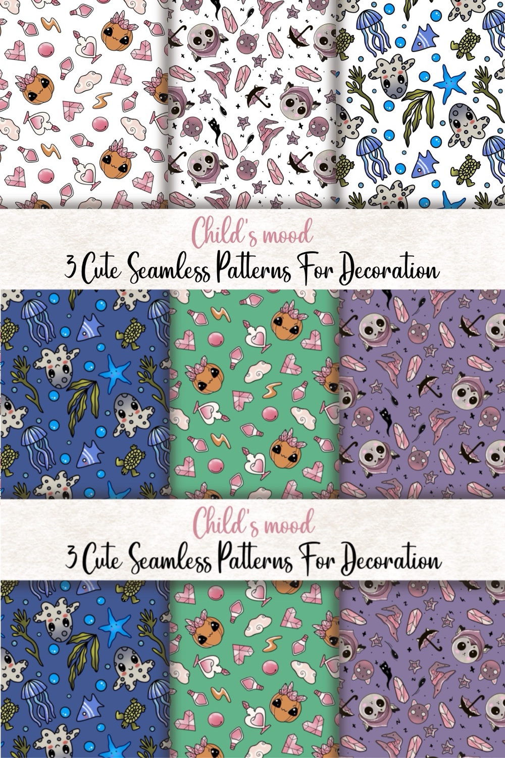 Child’s mood 3 cute seamless patterns for decoration pinterest preview image.