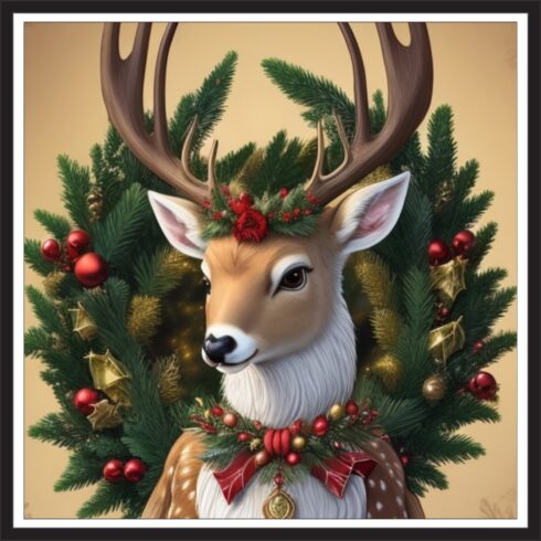 Christmas wall art print , vintage reindeer christmas, reindeer christmas decor, deer painting,christmas decor,christmas wall art cover image.