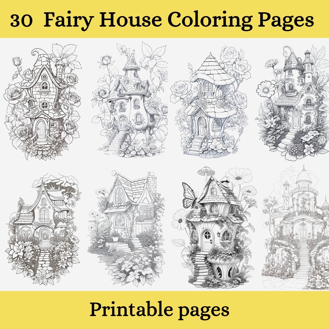 30 Fairy house printable coloring pages for adults preview image.