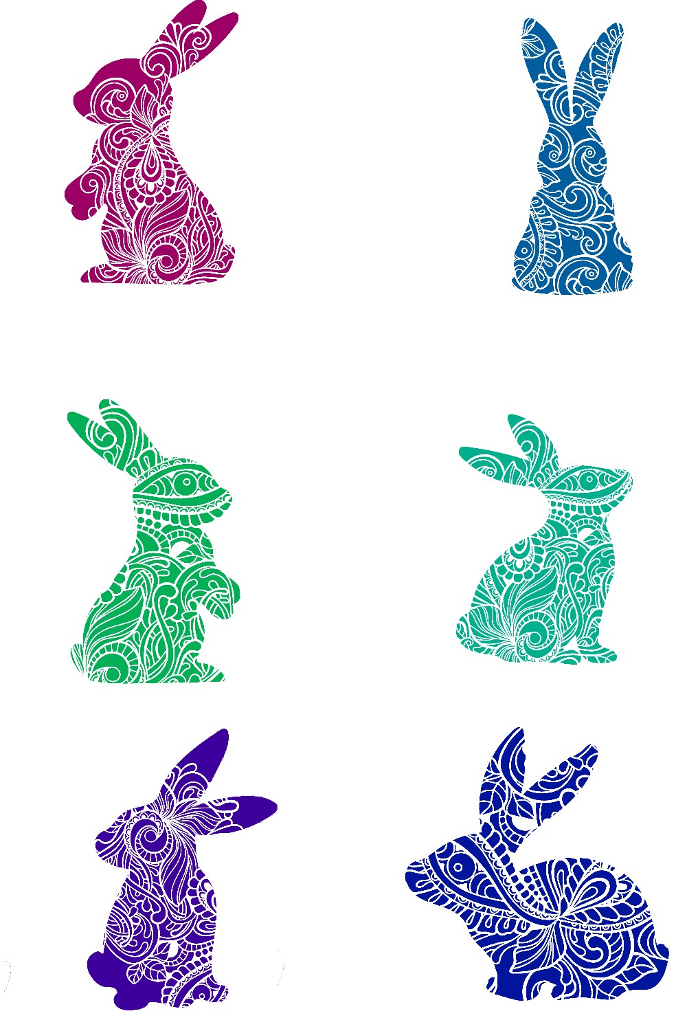 Decorative Bunny Set of 6 Stickers Muliti Colored DXF and JPG Files pinterest preview image.