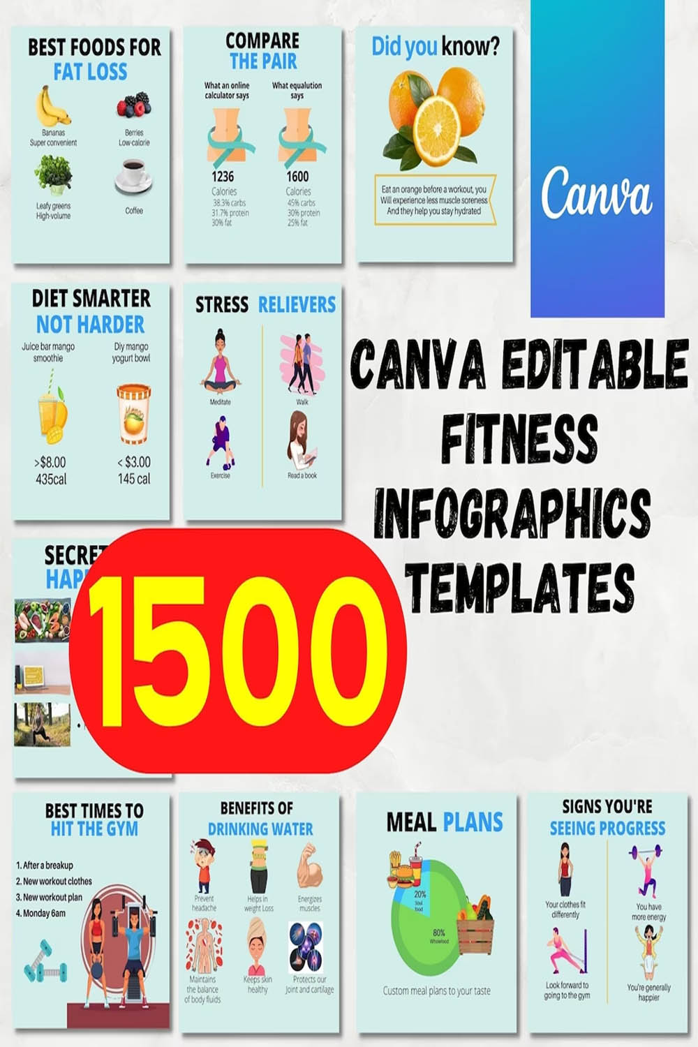 1500 Fitness & Health Canva Infographics Bundle | Fully Editable Templates pinterest preview image.