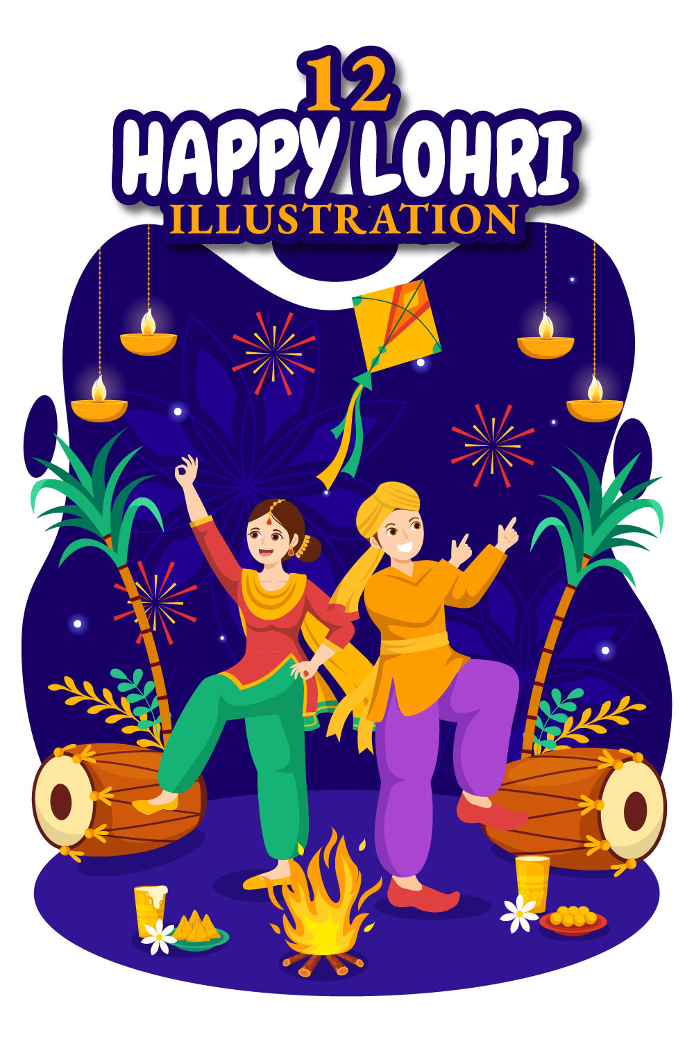 12 Happy Lohri Festival Illustration pinterest preview image.