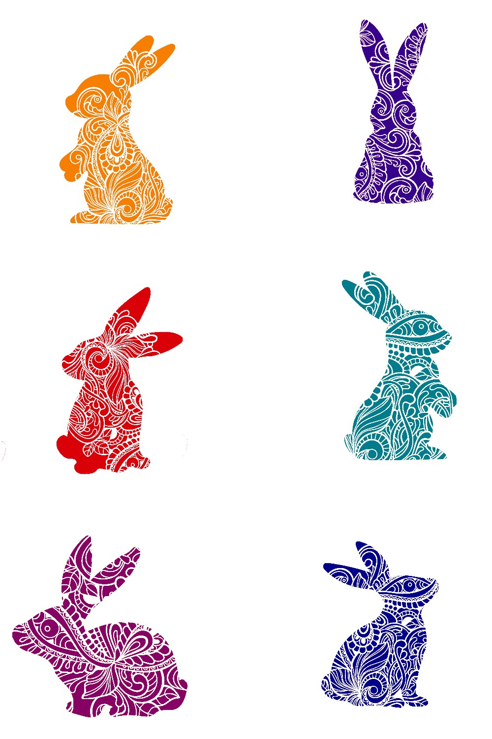 Decorative Bunny Set of 6 Stickers Muliti Colored Colorful Rabbit Animal SVG Files pinterest preview image.