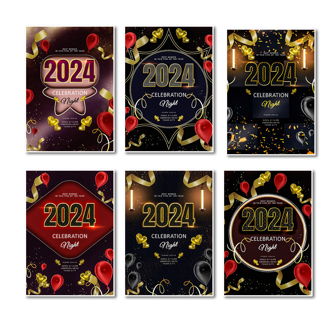 6 in 1 Beautiful & Luxury 2024 Happy New Year Poster Bundle Only $10 preview image.