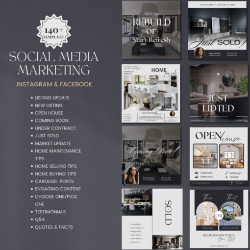 140+ REALTOR Facebook Instagram Post Templates Real Estate Facebook Instagram Templates Editable Canva Template Pack Marketing Graphics, Social Media Posts cover image.
