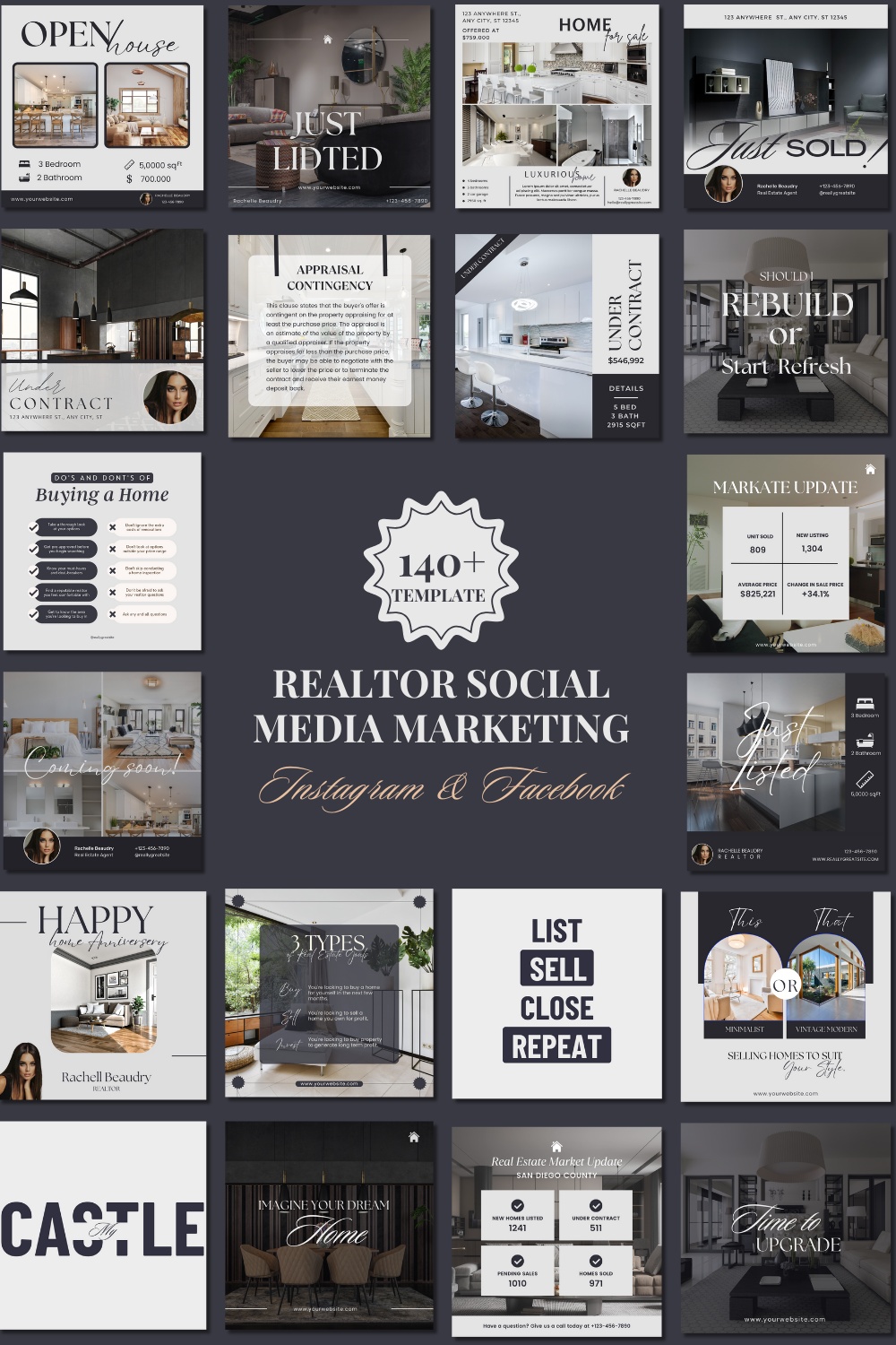 140+ REALTOR Facebook Instagram Post Templates Real Estate Facebook Instagram Templates Editable Canva Template Pack Marketing Graphics, Social Media Posts pinterest preview image.