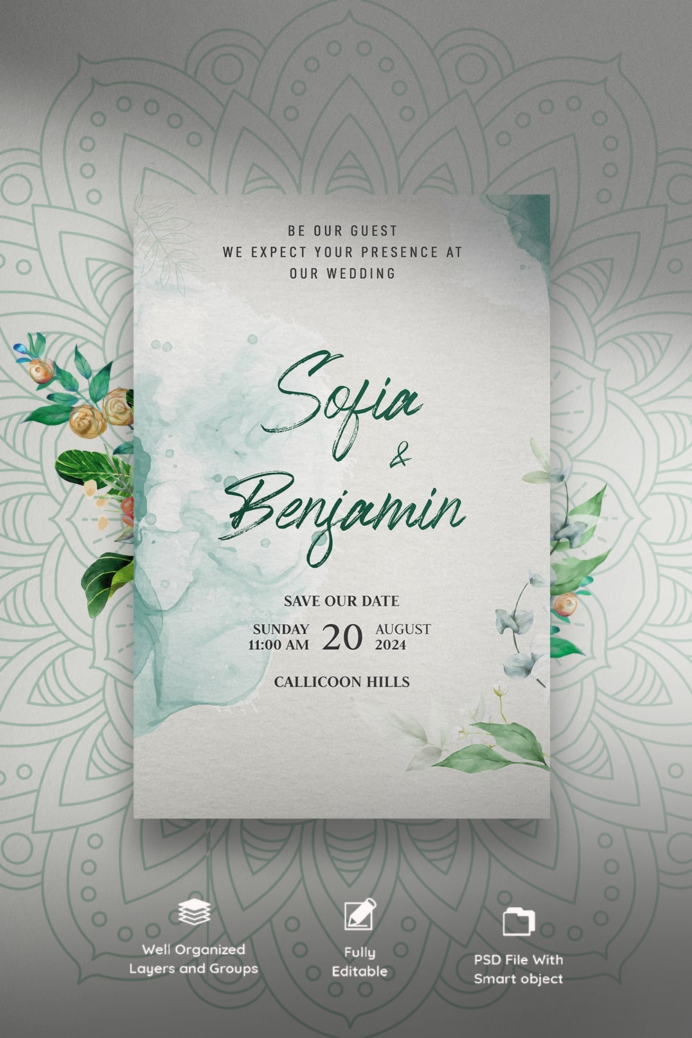 Wedding Invitation Card Template pinterest preview image.