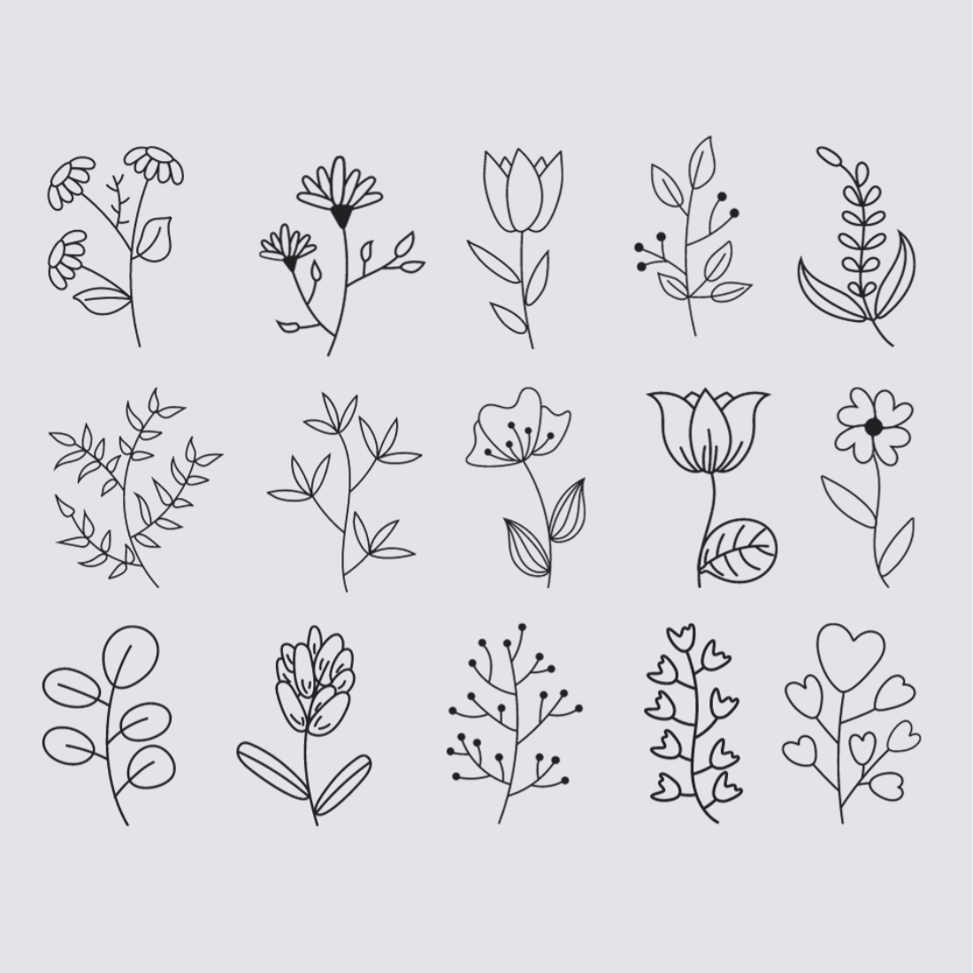 Set of 15 Floral Branch Doodle Line Art For Decorative Background preview image.