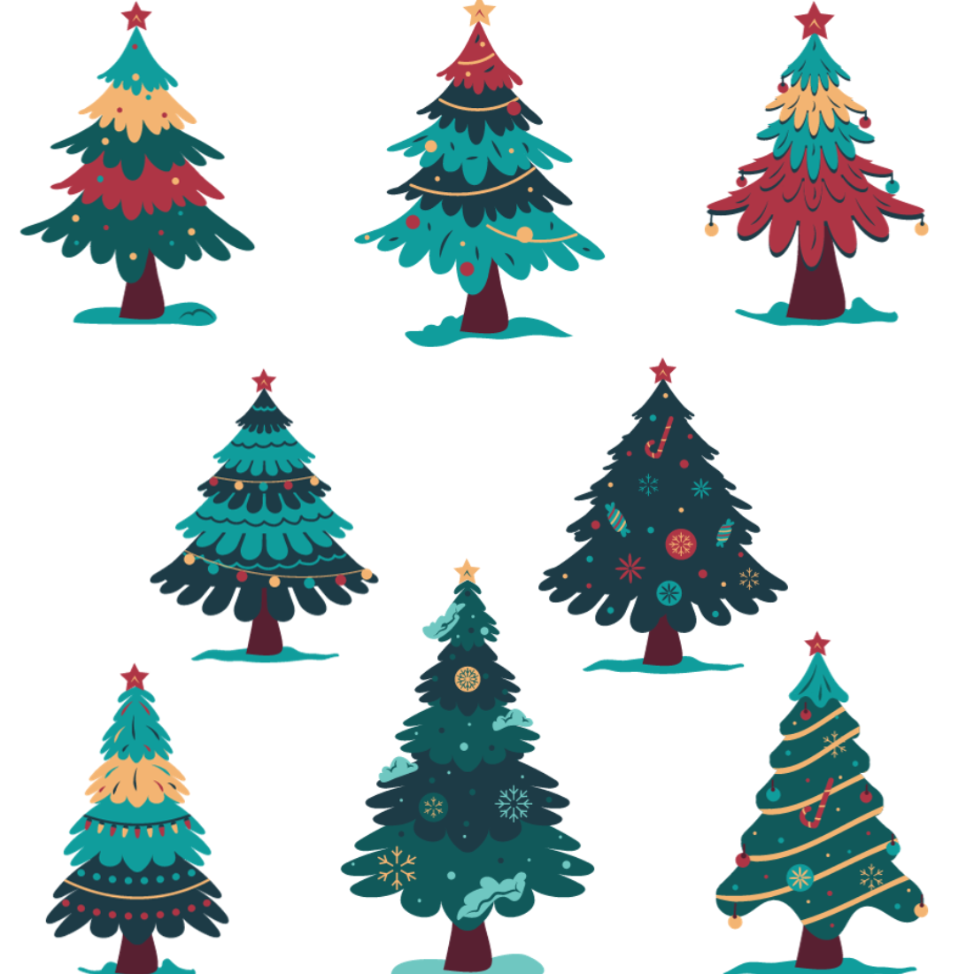 Set of 8 Decorative Hand Drawn Christmas Tree Collection preview image.