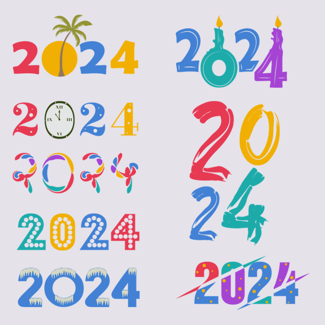 Set of 8 Vector 2024 New Year Hand Drawn Graphics for Cards, Banner & Poster preview image.