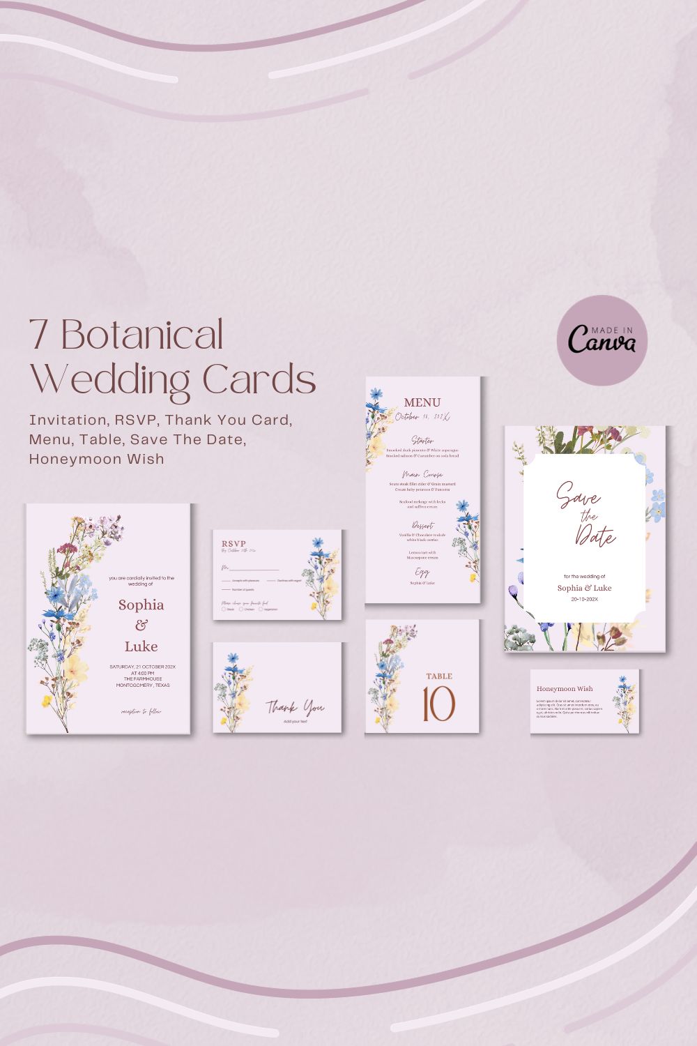 7 Botanical Wedding Cards Template pinterest preview image.